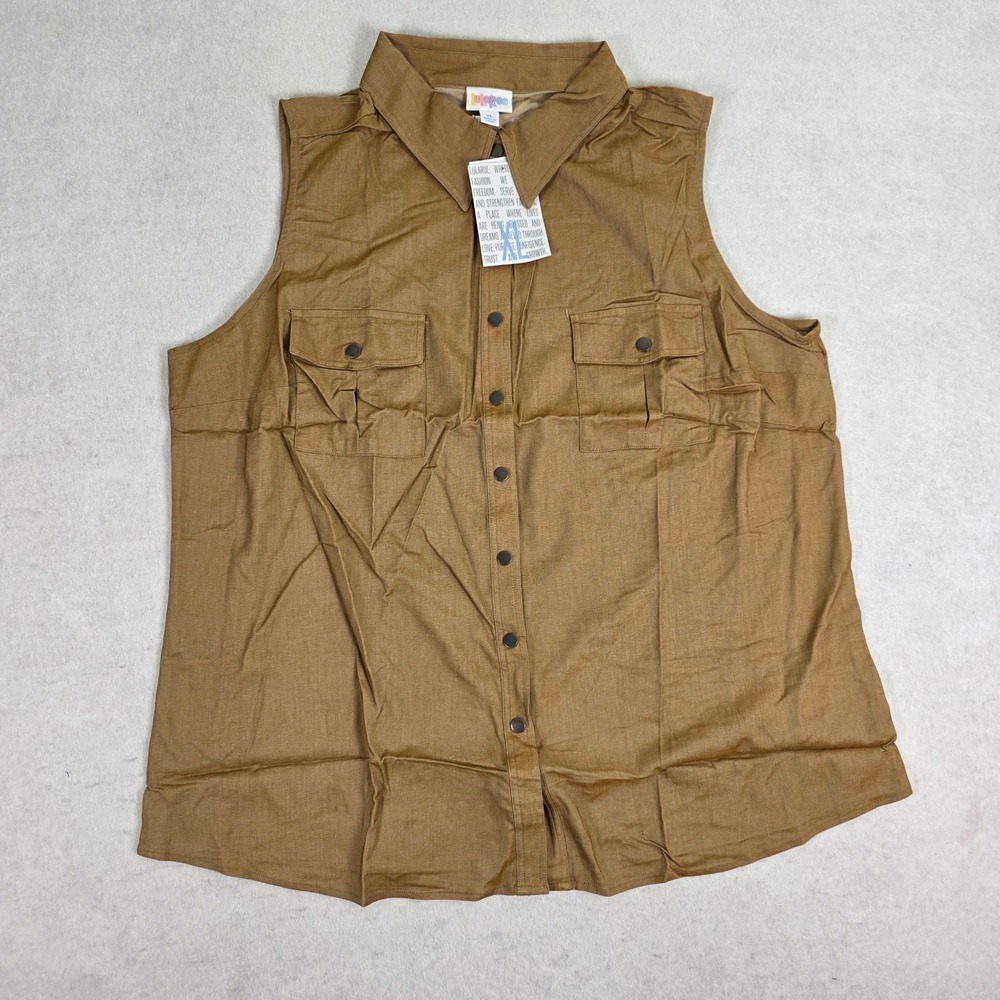 LuLaRoe Roxanne Sleeveless Button Down Shirt XL Camel Brown Utility Snap Top NEW